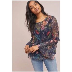 Anthropologie Eva Franco sheer floral bell sleeve blouse sz med